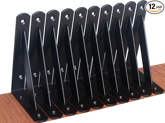 12 Pack L6 x H 4" Black Heavy Duty Shelf Brackets with Screws Metal Shelf Brackets Shelf Support Angle Brackets for Shelves L Brackets Heavy Duty Floating Shelf