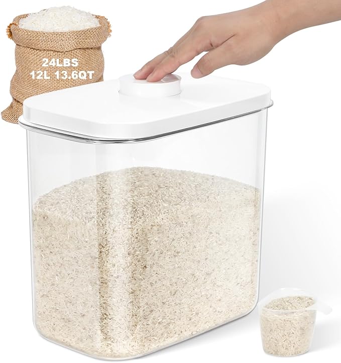 Rice & Flour Storage Container, Cereal Containers Storage, Dry Food Airtight Dispenser BPA Free, Clear Plastic Kitchen and Pantry Organization Bin (White (13Qt-1Pack), 13Qt)