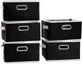 PRANDOM Large Collapsible Storage Bins for Closet [5-Pack] Decorative Fabric Storage Baskets Cubes with Leather/Metal Handles for Shelves Bedroom Living Room Black (14.9x9.8x8.3 Inch)