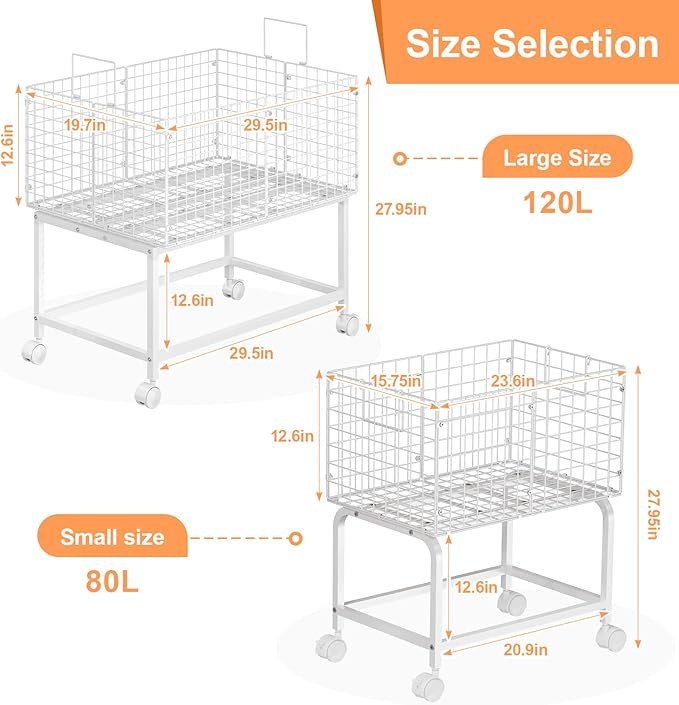 Large Rolling Laundry Basket Cart,Wire Laundry Hamper Cart with Handle and Wheels,White High Laundry Hamper for Laundry Room,Bedroom and Bathroom-120L White (29.5" L*19.7" W*27.95" H inch)