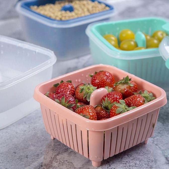 50oz Berry Keeper Fruit Storage Container for Fridge, Fresh Food Produce Saver Containers with Removable Drain Colander, Vegetable Lettuce Keeper Bowl, Refrigerator Organizer, PRESS TO OPEN CLOSE LID