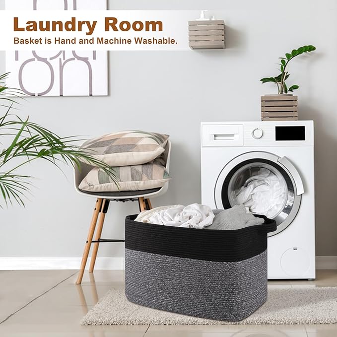 XXXL Supre Large Blanket Basket for Clothes, Towels, Pillows, 108L Cotton Rope Storage Basket for Living Room, Supre Large Woven Toy Storage for Kids, 25" x 16" x 16", Black
