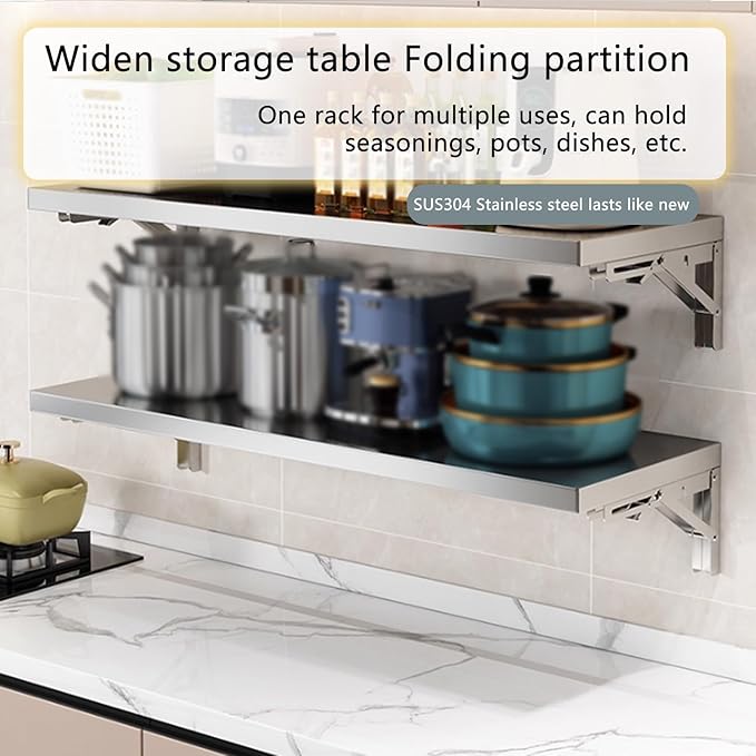 304 stainless steel folding table, wall-mounted folding table, kitchen storage shelf, made of food-grade stainless steel material, suitable for living room, balcony, bathroom, or laundry room.(100*30c