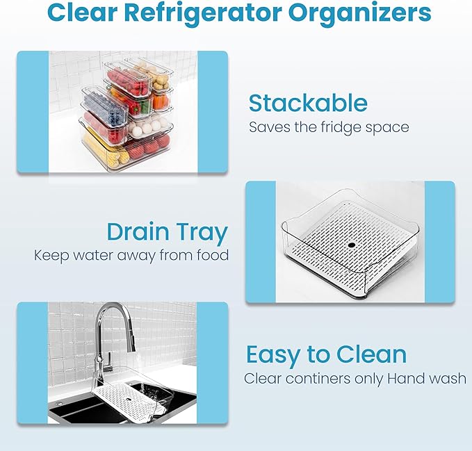 8 Pack Refrigerator Organizers and Storage, Clear Pull-out Drawer Container and Organizer Bins with Lids, Stackable Storage Containers for Fruits, Vegetable (Set of 8 (Include Pull-out Drawer))