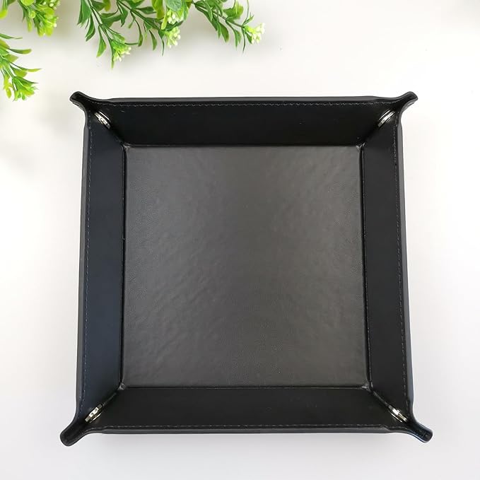 siduater Valet Tray Desktop Storage Organizer – Vegan Leather Catchall Tray Bedside Vanity Tray Nightstand Caddy Holder for Remote Controller, Watch, Keys, Phone, Wallet, Coin, Jewelry, Black
