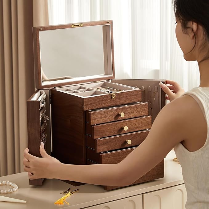 Black Walnut Wooden Jewelry Box, Wood Jewelry Organizer with 2 Side Doors Mirror Lockable Classical Style for Watch Necklace Ring Earring Storage Christmas Gifts-6 Layer