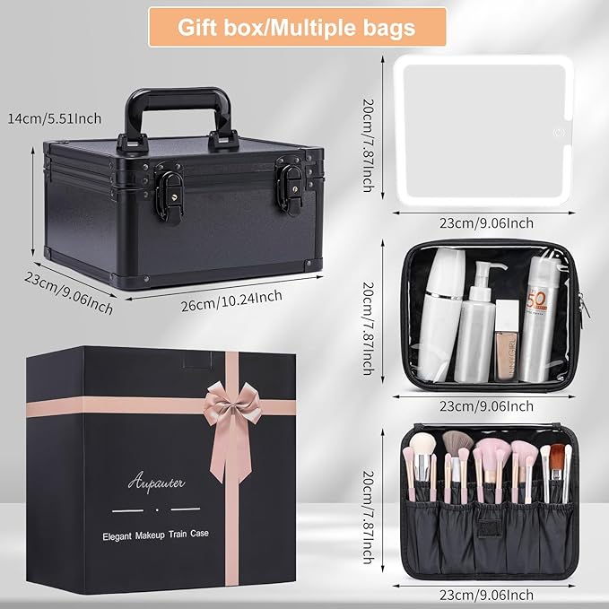 Makeup Box with Led Mirror,Travel Train Hard Case with Rechargeable Lighted Mirror Adjustable Dividers,Cosmetic Organizer Storage Bag for Makeup Artists,Appropriate Gift for Women and Girls,Black