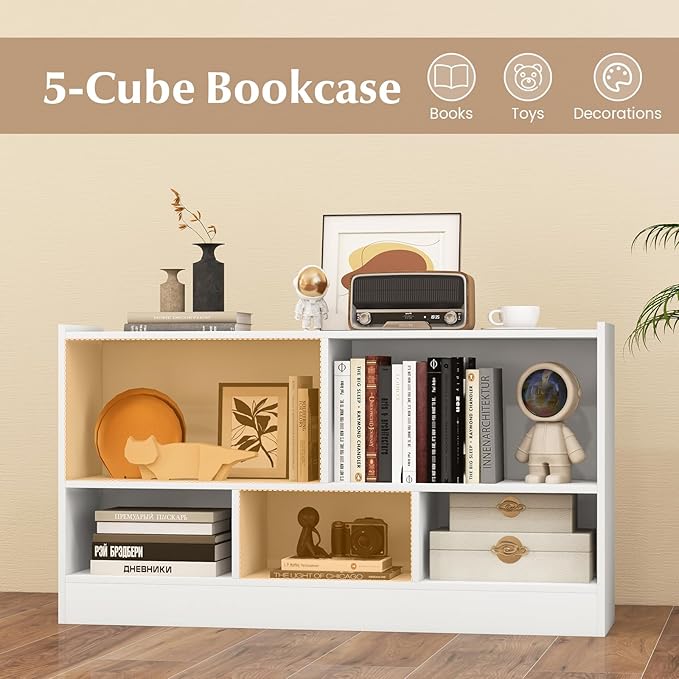 Giantex 5-Cube Bookcase, Freestanding 3-Tier Bookshelf with Spacious Top & Raised Base, Modern Display Storage Organizer, Multipurpose Book Shelf for Living Room, Bedroom, Playroom (White)