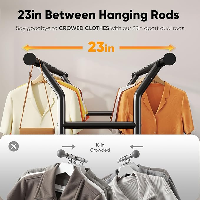 HOKEEPER Heavy Duty Clothes Rack Load 625 LBS, Clothing Rack for Hanging Clothes, Adjustable Black Double Rod with Metal Basket, Portable Rolling Garment Rack with Wheels for Bedroom, Laundry Room