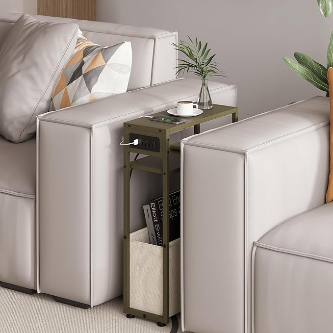 Green Side Table with Charging Station, Slim End Tables with Linen Basket, Skinny Table for Small Spaces, Thin Bedside Table for Living Room, Bedroom