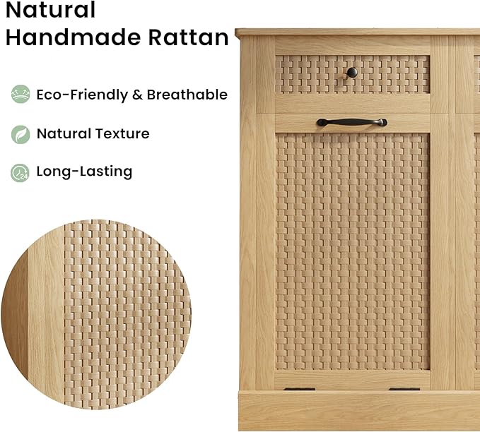 Double Tilt Out Laundry Hamper Cabinet,10 Gallon Laundry Cabinet with Drawers ＆ 2 Hidden Baskets, Farmhouse Storage Basket for Laundry Room, Bathroom, Kitchen, Wood