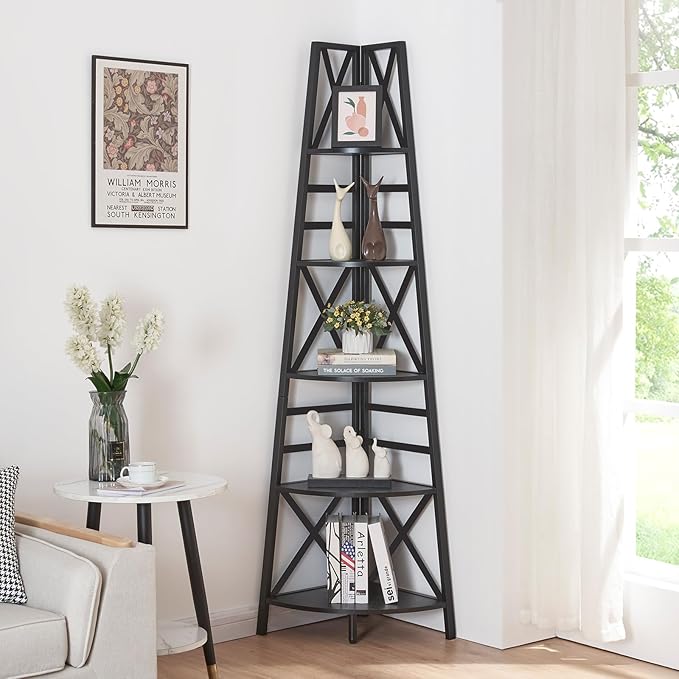 HOMBAZAAR 5 Tier Corner Shelf, 72 Inch Industrial Corner Bookshelf, Tall Ladder Bookcase with Metal Frame, Rustic Shelf Stand for Living Room, Bedroom, Office, Black