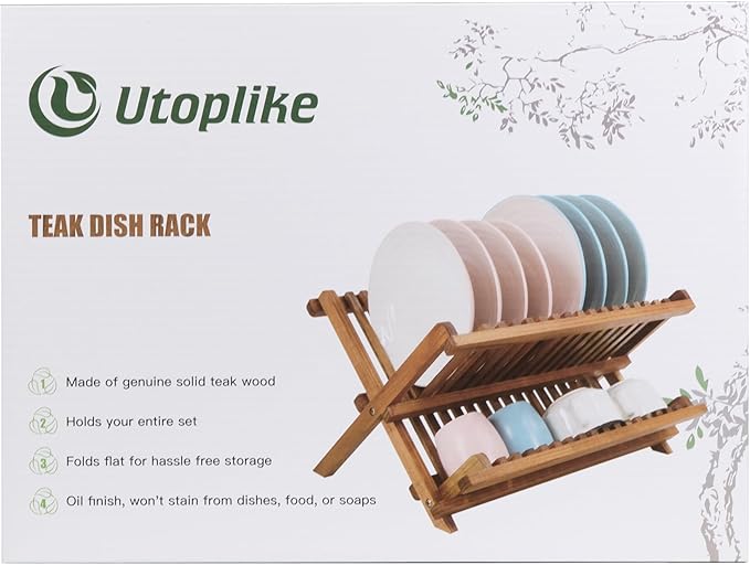 Utoplike Teak Dish Drainer Rack Collapsible 2 Tier Dish Rack Dish Drying Rack Foldable Plate Organizer Holder for Kitchen Compact