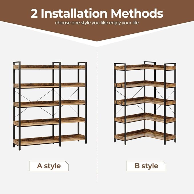 Rolanstar Bookshelf 5 Tier with 4 Hooks, Reversible Corner Bookshelf, 65" Industrial Wooden Bookcase with Open Shelves and Metal Frame for Living Room, Bedroom, Home Office, Rustic Brown