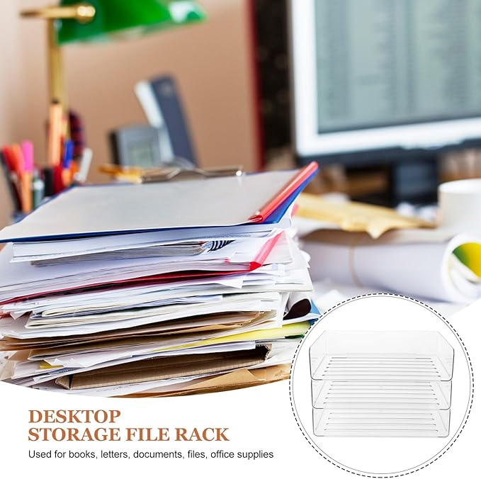 Stackable Paper Tray Organizer for Desk Wide Letter File Holder Transparent Desktop Storage Rack for Office Documents Mail and Stationery Management