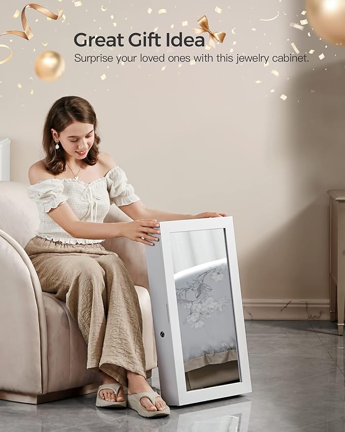 SONGMICS Lockable Jewelry Cabinet Armoire with Mirror, Wall-Mounted Space Saving Jewelry Storage Organizer, Christmas Gift, White UJJC51WT