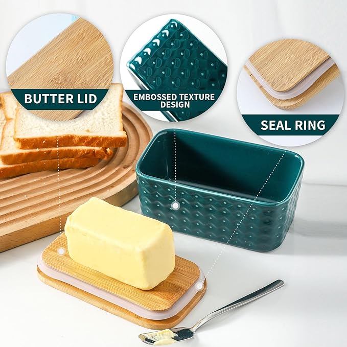 Hasense Ceramic Butter Dish with Lid, Large Butter Container for Countertop Airtight Butter Stick Covered Keeper, Embossed Pattern,Easy Clean Dishwasher Safe, Green