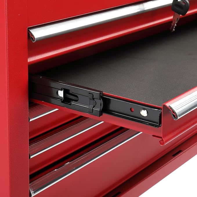 Metal Tool Box Organizer | Lockable Tool Chest | Toolbox with 5 Sliding Drawers | Large Tool Storage Box Organizer | Portable Toolchest with Keys for Garage Workshop and Tool Room | Red
