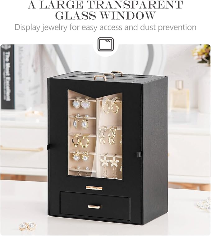 Homde Jewelry Organizer with Transparent Window Necklace Hooks Gift for Women Jewelry Box Display Case for Necklaces Rings Earrings Bracelets and Other Jewelry Accessories (Black + Gold)