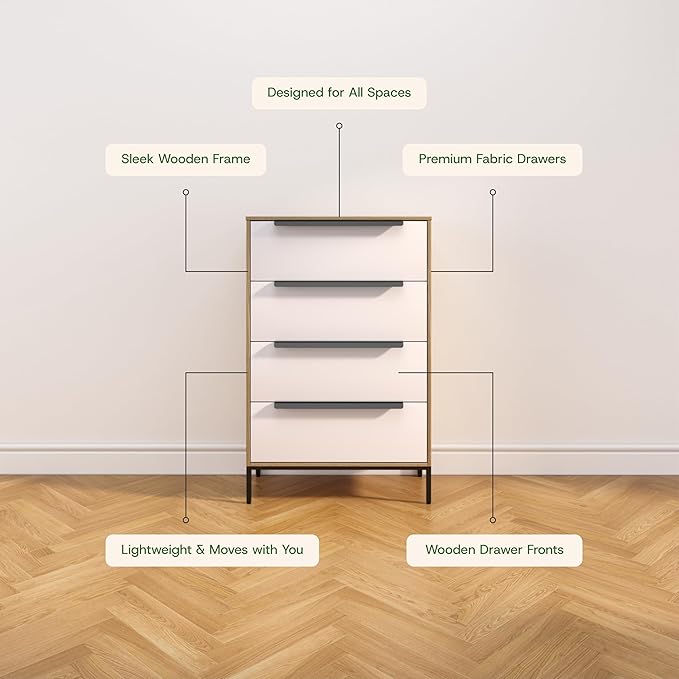 tinge Lira Premium Fabric Dresser - Solid Wooden Frame, 4 Spacious Sag-Proof Drawers with Sleek Metal Handles - Sleek & Durable Storage Solution for Your Home (Light Brown)