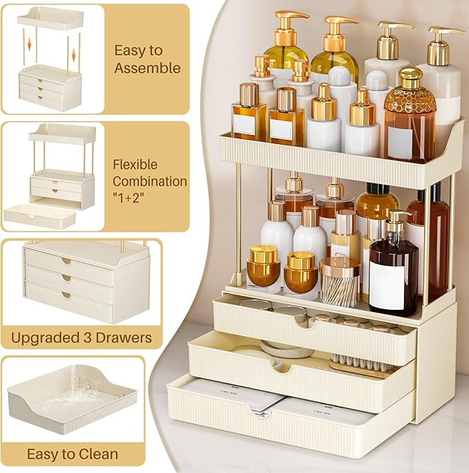Bathroom Organizers and Storage - 3 Drawers 2 Tier Makeup Organizer, Cosmetic Storage Drawer for Dresser Countertop and Bathroom Vanity for Large Skincare, Perfume, Cream White