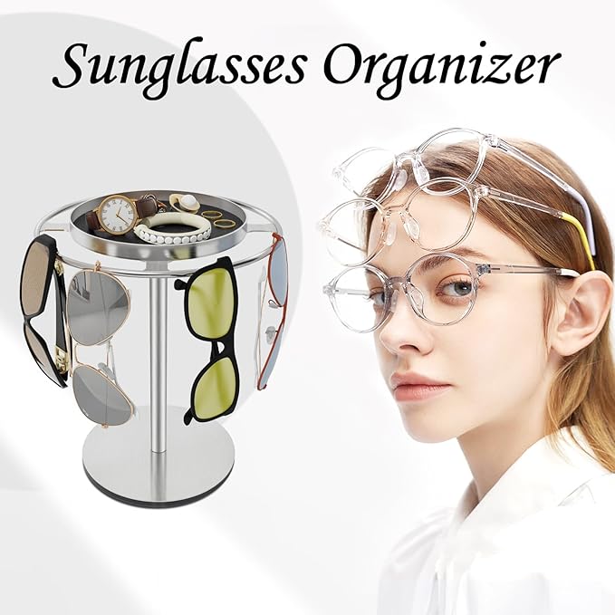 LSK Metal Sunglasses Organizer, Glasses Holder Stand with Storgae Tray, Eyeglasses Holder with Anti-Slip Pads for Tabletop, Desk, Dresser, Brushed Nickel