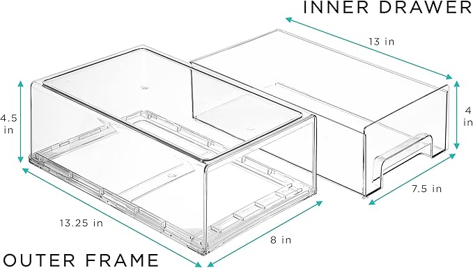 Sorbus Medium Clear Stackable Storage Drawers – 2-Pack Plastic Organizer Bins with Handles – Stackable Pull-Out Storage Drawers for Closet, Pantry, Office, Bathroom, Craft, and Toy Organization
