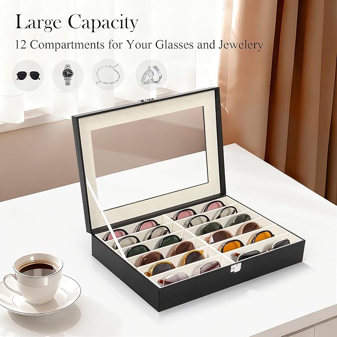 Sunglasses Organizer Case with Adjustable Slots, Eyeglasses Display with Lid, Eyewear Storage Box for Large Glasses