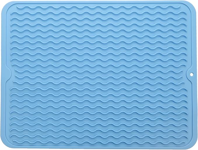 Silicone Dish Drying Mat for Multiple Usage,Easy clean,Eco-friendly,Heat-resistant Silicone Mat for Kitchen Counter or Sink,Refrigerator or drawer liner Light Blue L 16 inches x 12 inches