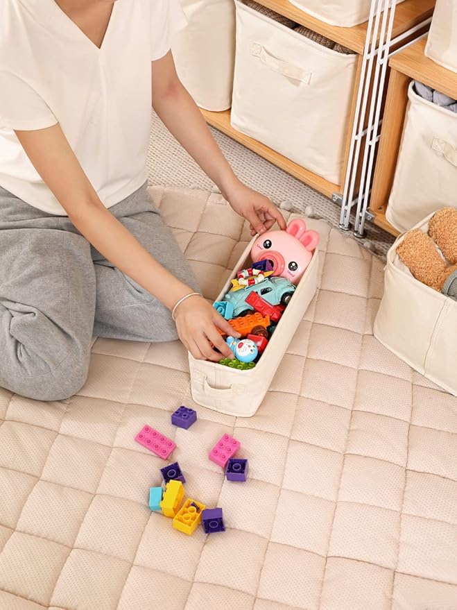 Decorative Basket Rectangular Fabric Storage Bin Organizer Basket with Handles for Clothes Storage (10.2 x 7.2 x 6.2, Beige)