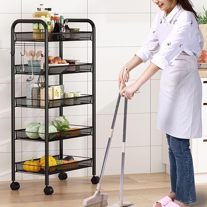 Fruit and Vegetable Basket Bowls for Kitchen, 5 Tier Stackable Metal Mesh Storage Basket with 360 Degree Wheels, Fruit Vegetable Produce Basket Storage Organizer, for Kitchen, Pantry, Bathroom(Black)
