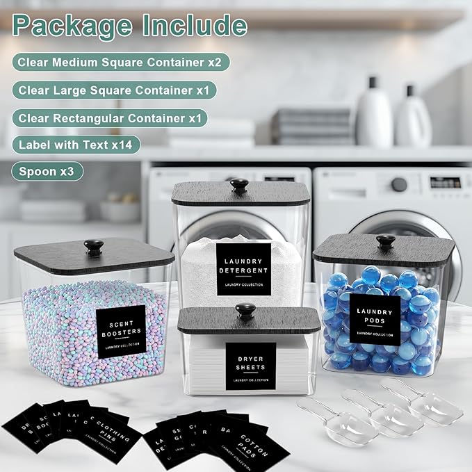 4 Pack Laundry Pod Containers and Dryer Sheet Holder Acrylic Jars with Bamboo Lids and Labels Laundry Room Organization Containers for Scent Booster Powder Detergent Pods Storage