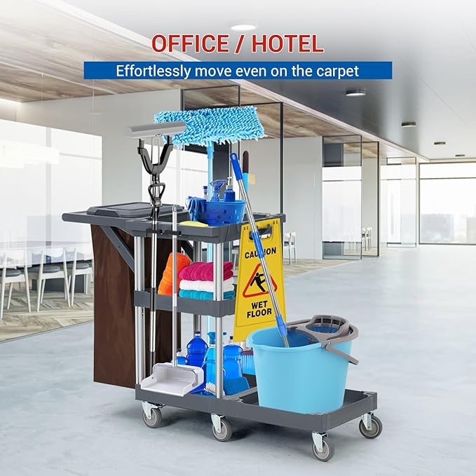 Cleaning Cart, Heavy-Duty Rolling Service Cart with 3-Tier Shelves & Hooks, 300 Lbs Capacity Mobile Janitorial Cart for Commercial Housekeeping Supplies Storage