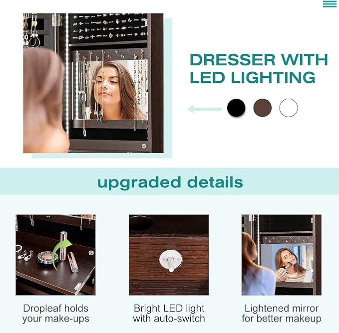 CHARMAID LED Strip Jewelry Armoire with 47.2" H Full Length Mirror, Wall Door Mounted Jewelry Organizer Cabinet with Built-in Mirror, Flip-over Cosmetic Tray, 4 Drawers (Coffee)