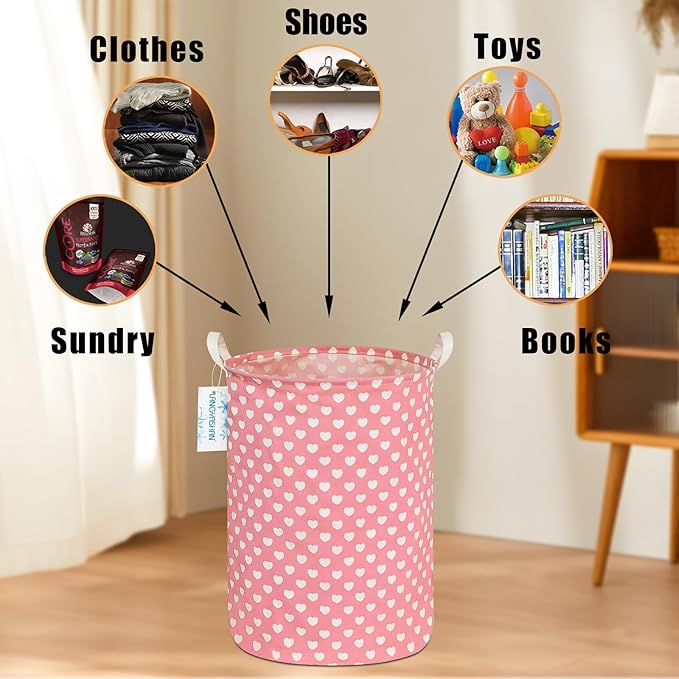 LANGYASHAN Laundry Basket Canvas Fabric Collapsible Organizer Basket for Storage Bin Toy Bins Gift Baskets Bedroom Clothes Children Nursery Hamper (pink heart)