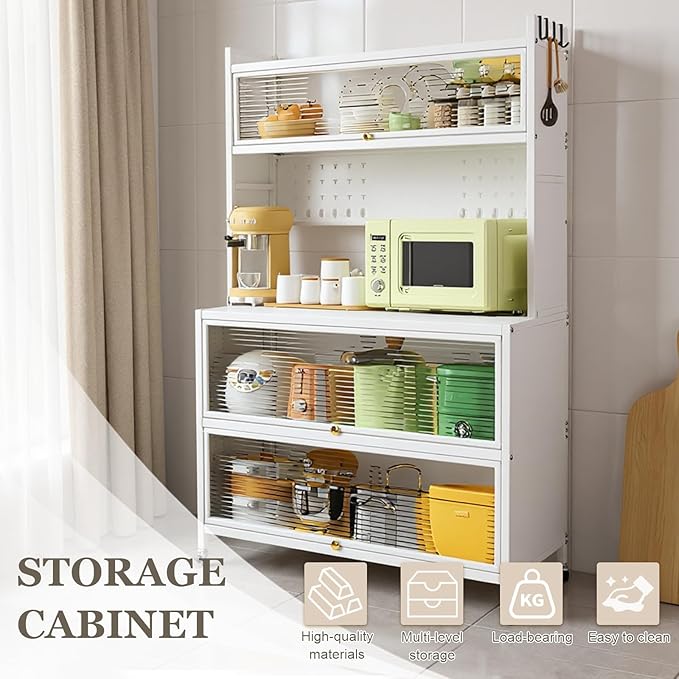 Mobile Kitchen Storage Cart with Wheels,Wheeled Multi-Layer Floor Storage Cabinet with Locker Hole Board Freestanding Storage Cabinet Rust Proof Microwave Oven Pot Oven Rack