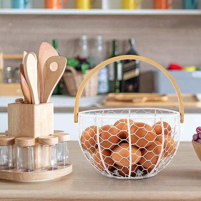 Farmhouse Wire Egg Basket for Gathering Fresh Eggs with Wooden Handle, Vintage Style Metal Egg Collecting Basket Countertop Storage Container Holder for Kitchen Decor and Fruit Bin (White)