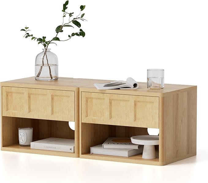Floating Nightstand Set of 2, Wall Mounted Bedside Table with Storage Drawer and Open Shelf, Modern Night Stand with Curved Corners for Living Room, Bedroom, Dorm, Natural Oak