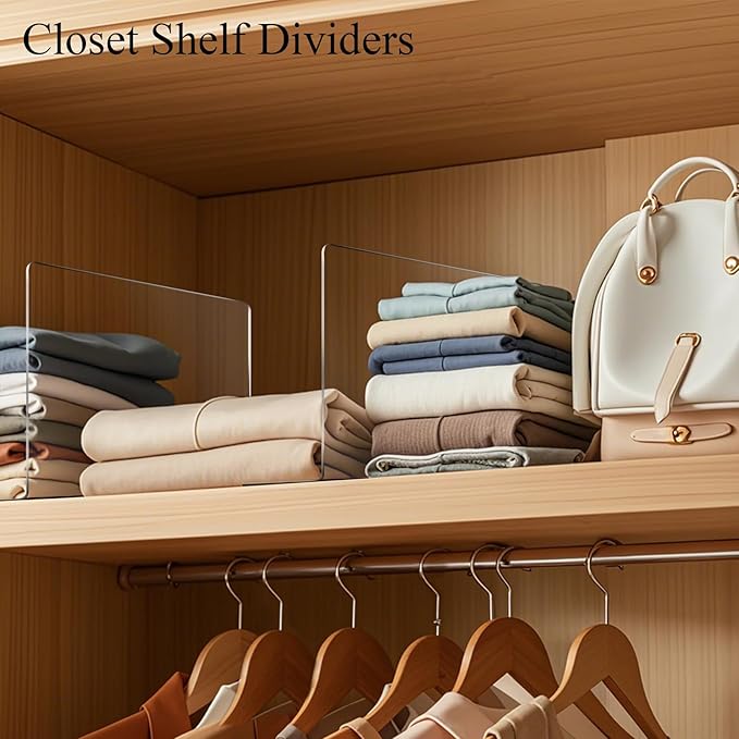 Acrylic Shelf Dividers for Closet Organization: 10" Tall x 12" Deep Closet Shelf Divider for Clothes Sweater Purse - Clear Closet Organizers and Storage Separators for Shelves, 4Pack