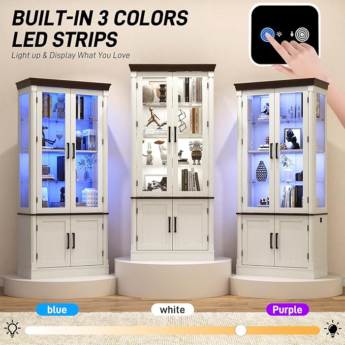 St.Mandyu 71" Tall Display Cabinet with Glass Doors, 4-Tier Lighted Curio Cabinets with 2 Storage Doors and Metal Handle for Living Room, Home, Kitchen, White