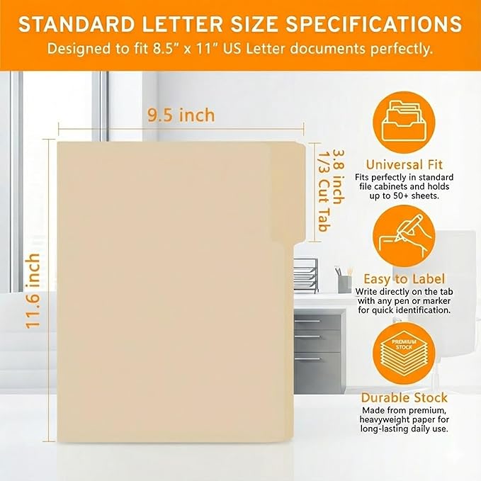 100 Packs Manila File Folder,Manilla Folder 8.5x11,1/3 Cut Tabs Folder for Office,School and Home,Organizer File Folder Letter Size