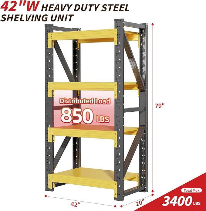 42" W Garage Shelving,4-Tier Heavy Duty Storage Shelves Unit with Adjustable Metal Shelf for Warehouse,Basement,Workshop,3400LBS,42" W x 20" D x 79" H,Black&Yellow
