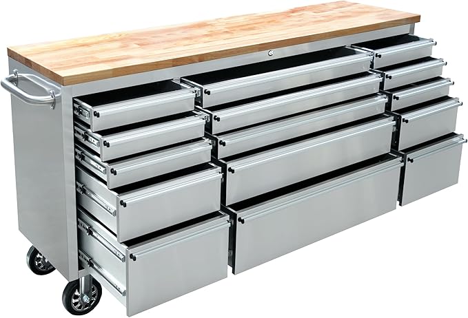 CT Copper Tailor 72-inch Tool Chest with Integrated Power Strip,15 Drawers and Wheels, Mobile Garage Workbench Storage Tool Cabinet, Large Rolling Tool Box with Wood Top, Stainless Steel
