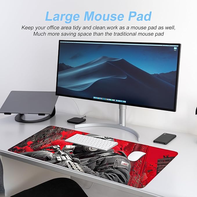 Tactical Soldier Gaming Mouse Pad – 31.5" x 11.8" Extended Desk Mat with Red Urban Battle Scene – Non-Slip Base, Smooth Surface for Gamers & Office Use