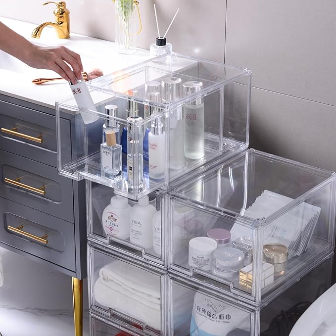 3 Packs Plastic Stackable Storage Drawers, DILIBRA Clear Storage Bins Organizer with Pull Out Drawer for Kitchen Cabinet Pantry Fridge Freezer Shelf Refrigerator Organization and Storage