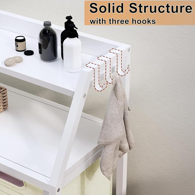 Laundry Hamper, Laundry Sorter 3 Section, Rolling Laundry Basket with Wheels, 2 Shelves, 3 × 14.5 Gal, Pull-Out and Removable Oxford Fabric Bags, for Laundry Room, White and Beige