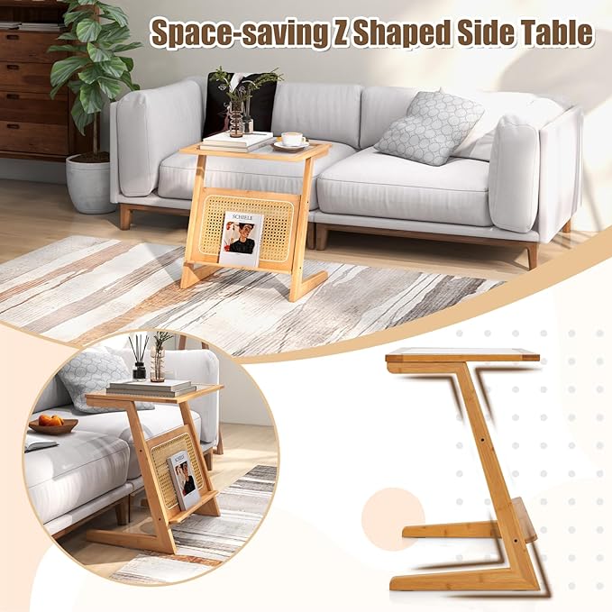 GOFLAME Rattan Side Table, Z-Shaped End Table with Magazine Rack, Bamboo Sofa Side Accent Table with Glass Top, Small Boho Nightstand, Bedside Table for Small Space, Living Room, Bedroom