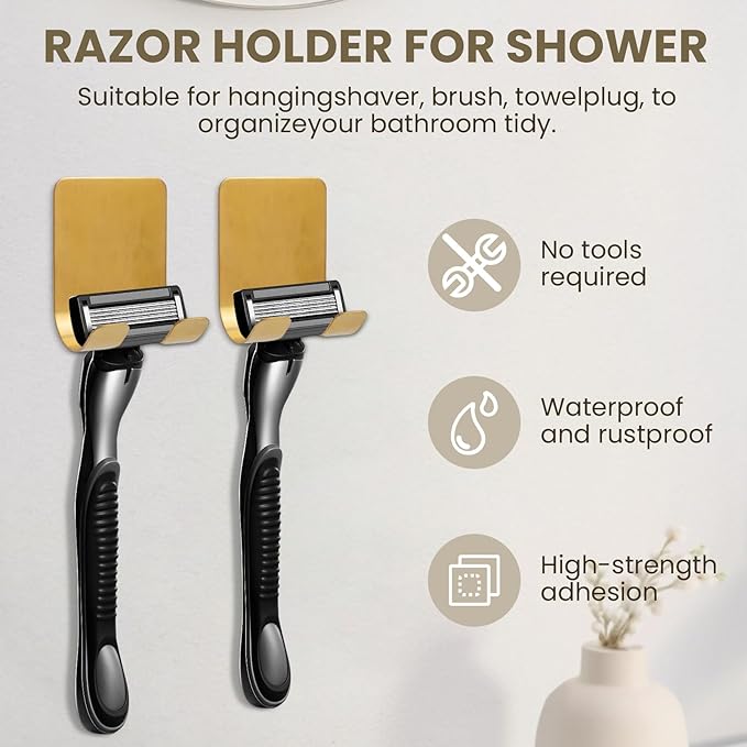 4-Pack Self-Adhesive Waterproof Hooks - Heavy-Duty Metal Razor Holder for Shower, Bathroom or Kitchen Organization,Stylish Gold Towel & Loofah Wall Hangers
