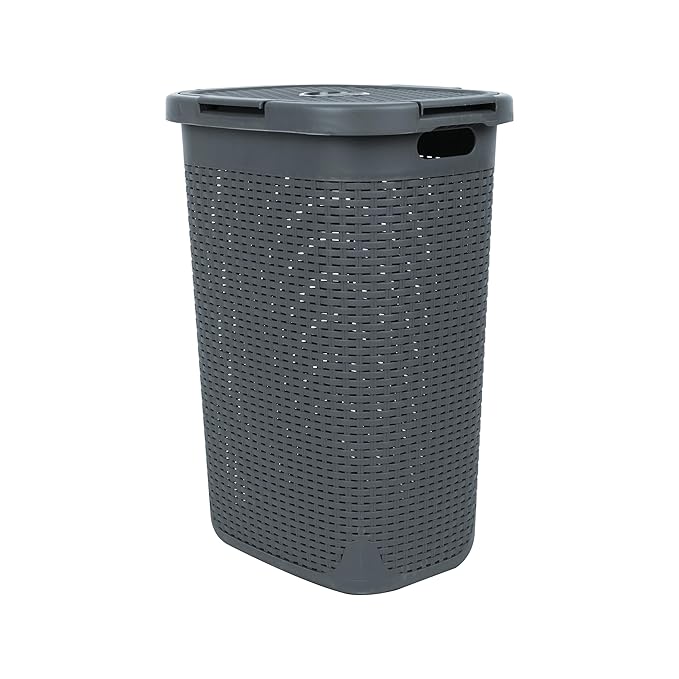 Mind Reader Slim Laundry Hamper with Lid, 60L Clothes Basket, Premium Wicker Design, Plastic, Gray