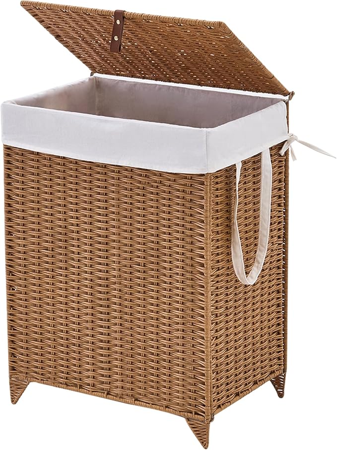 Laundry Hamper with Lid and Removable Liner Bag, Handwoven Rattan Clothes Hamper with Heightened Feet, Wicker Laundry Basket for Clothes and Towels，Middle